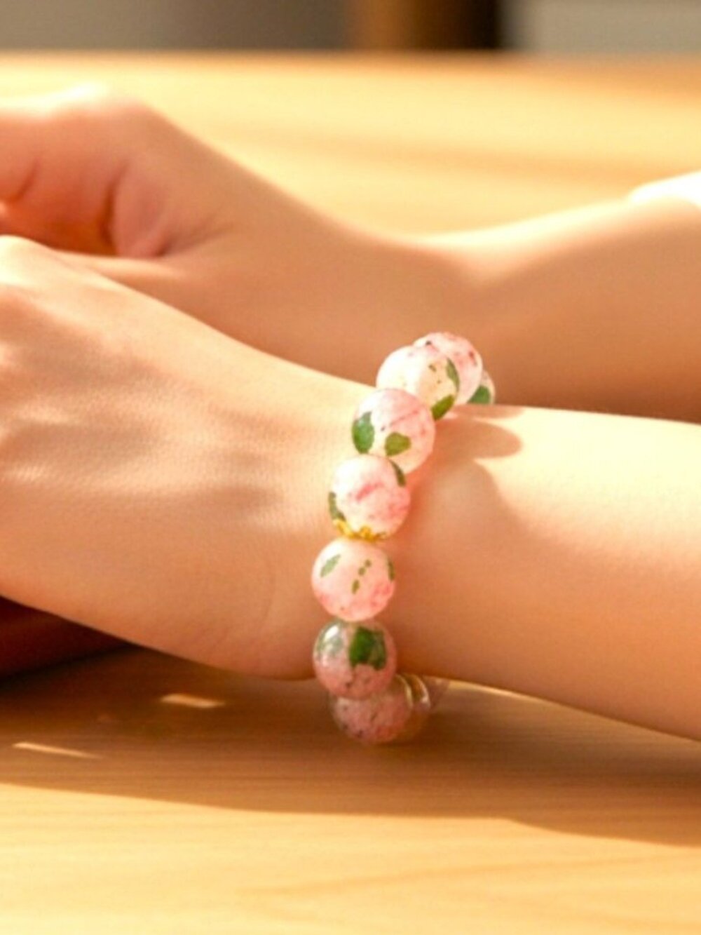 Crackled Glass Ombre Cherry Blossom Bracelet - Pink & Green Floral Stretch Brace